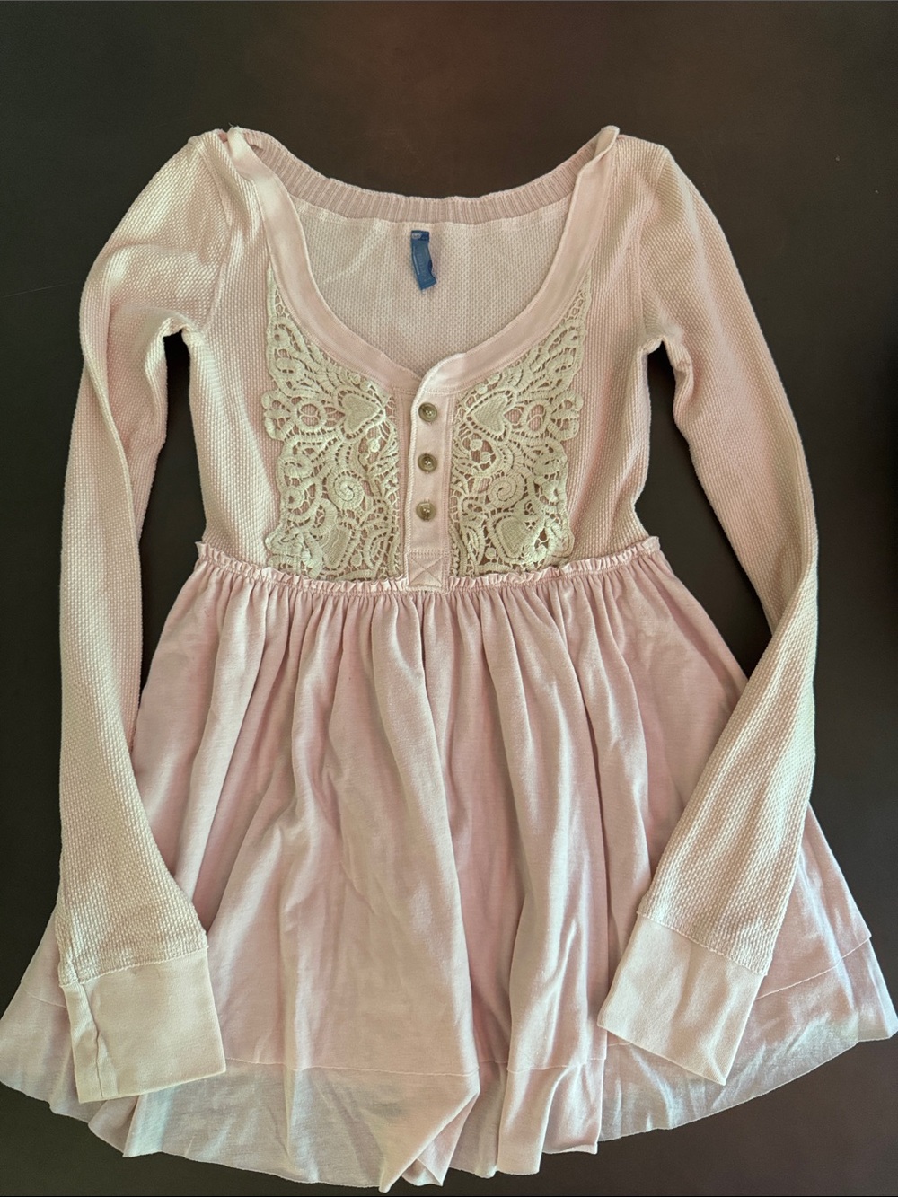 Free People Blush Pink Lace-Trim Long Sleeve Peplum Top